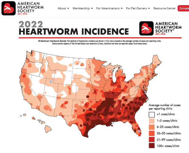 A map of Heartworm incidence in the united states, Heartworm Cases in Ulster County, New York