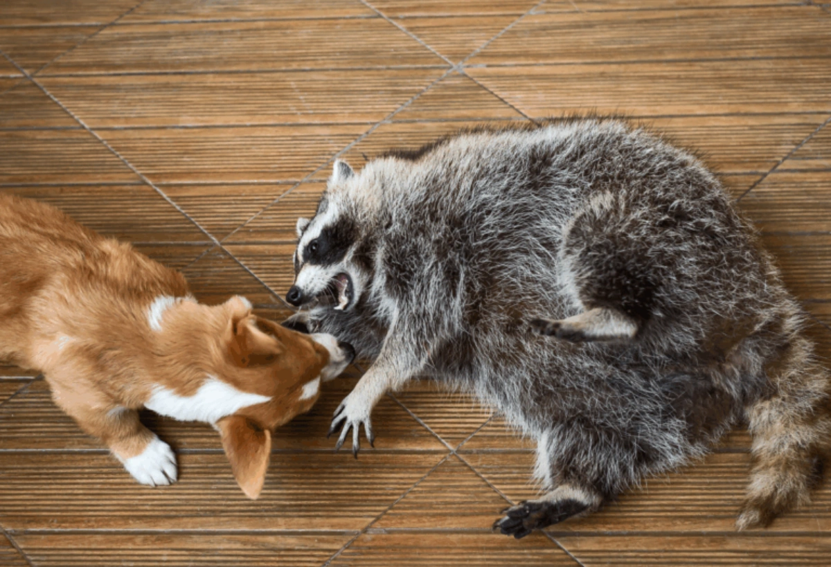 Raccoon and puppy wrestling, representing one of the primary wild animals in New York that can carry rabies and expose pets.